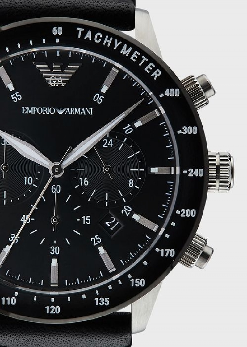 Black Emporio Armani Men'S Chronograph Black Leather Watch | EA-SN59329