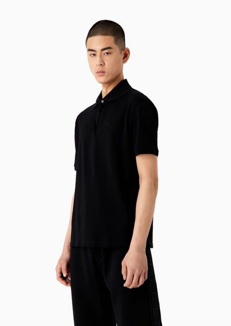 Black Emporio Armani Mercerised Piqué Polo Shirt With Micro Eagle Embroidery | EA-SN58426