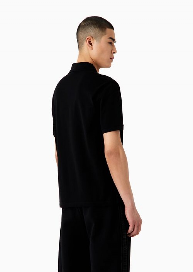 Black Emporio Armani Mercerised Piqué Polo Shirt With Micro Eagle Embroidery | EA-SN58426