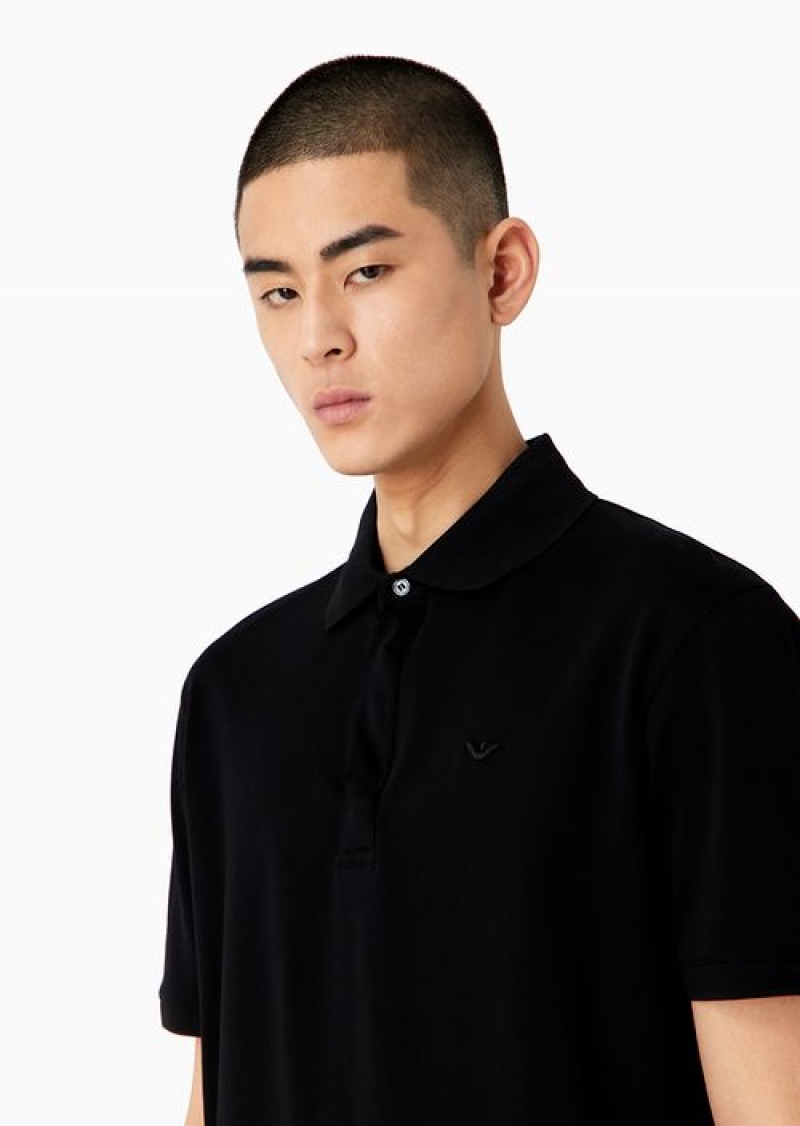 Black Emporio Armani Mercerised Piqué Polo Shirt With Micro Eagle Embroidery | EA-SN58426