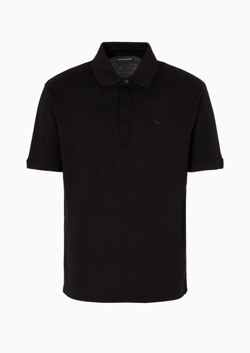 Black Emporio Armani Mercerised Piqué Polo Shirt With Micro Eagle Embroidery | EA-SN58426