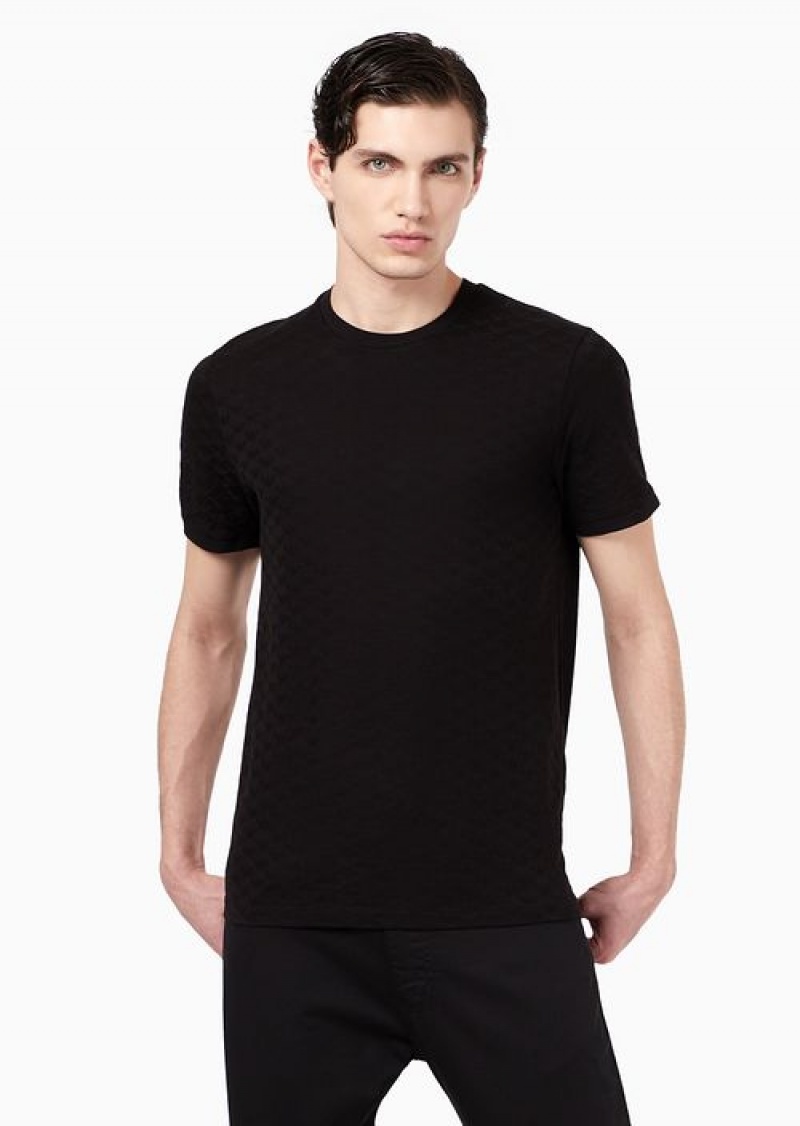 Black Emporio Armani Mercerised-jersey T-shirt With All-over Jacquard Eagle | EA-SN58692