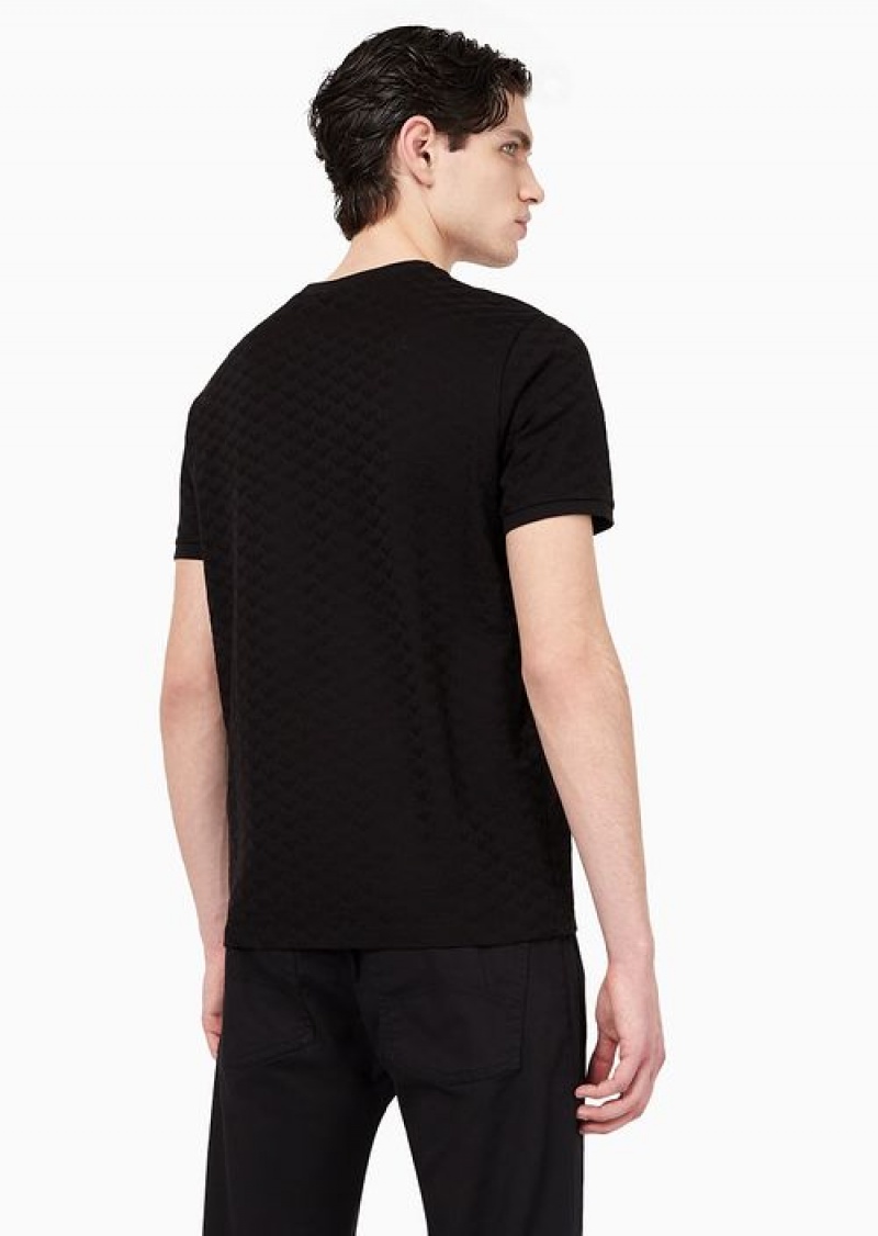 Black Emporio Armani Mercerised-jersey T-shirt With All-over Jacquard Eagle | EA-SN58692