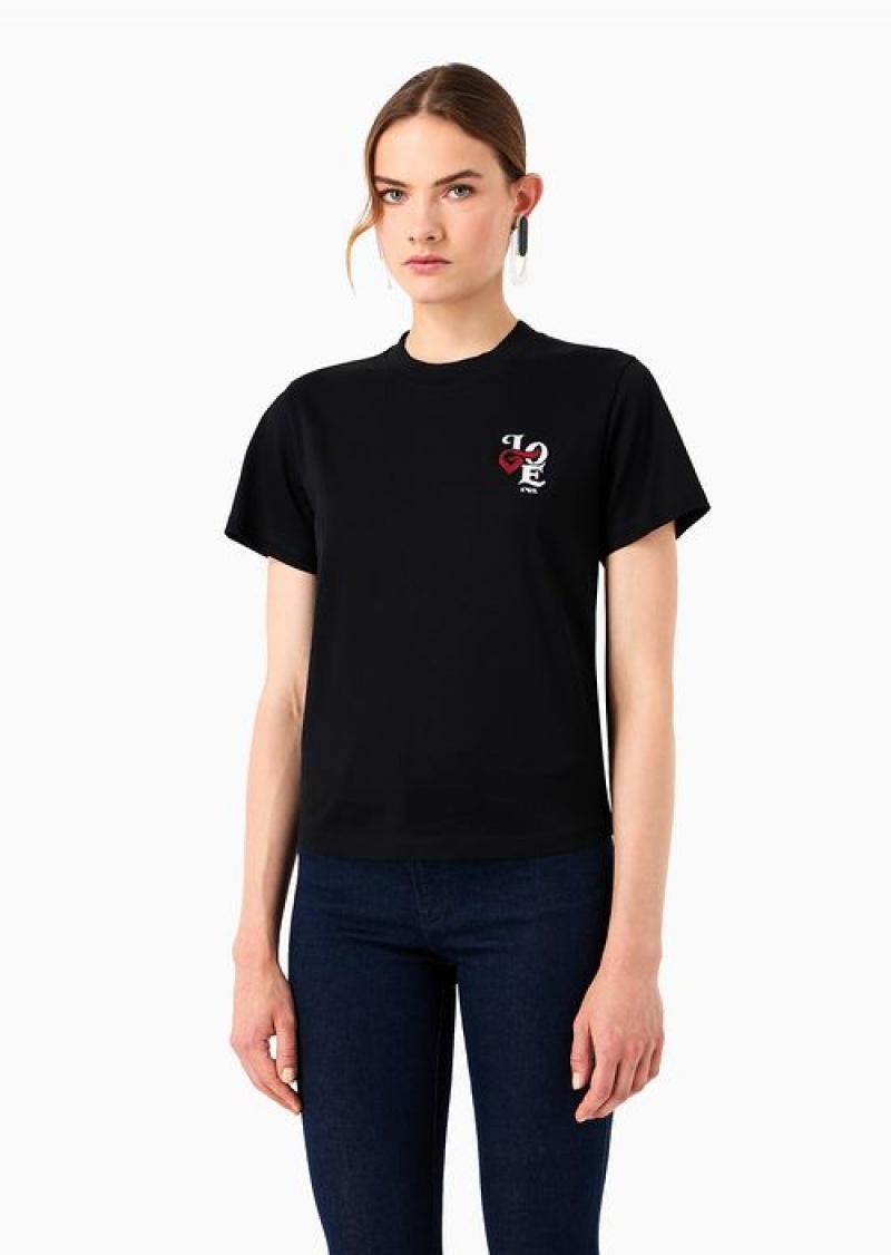 Black Emporio Armani Mercerised-jersey T-shirt With Valentine’s Day Love Capsule Collection Patch | EA-SN57011