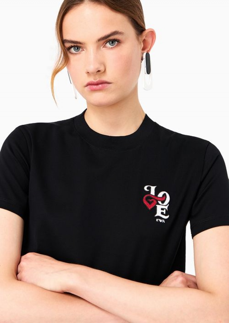 Black Emporio Armani Mercerised-jersey T-shirt With Valentine’s Day Love Capsule Collection Patch | EA-SN57011