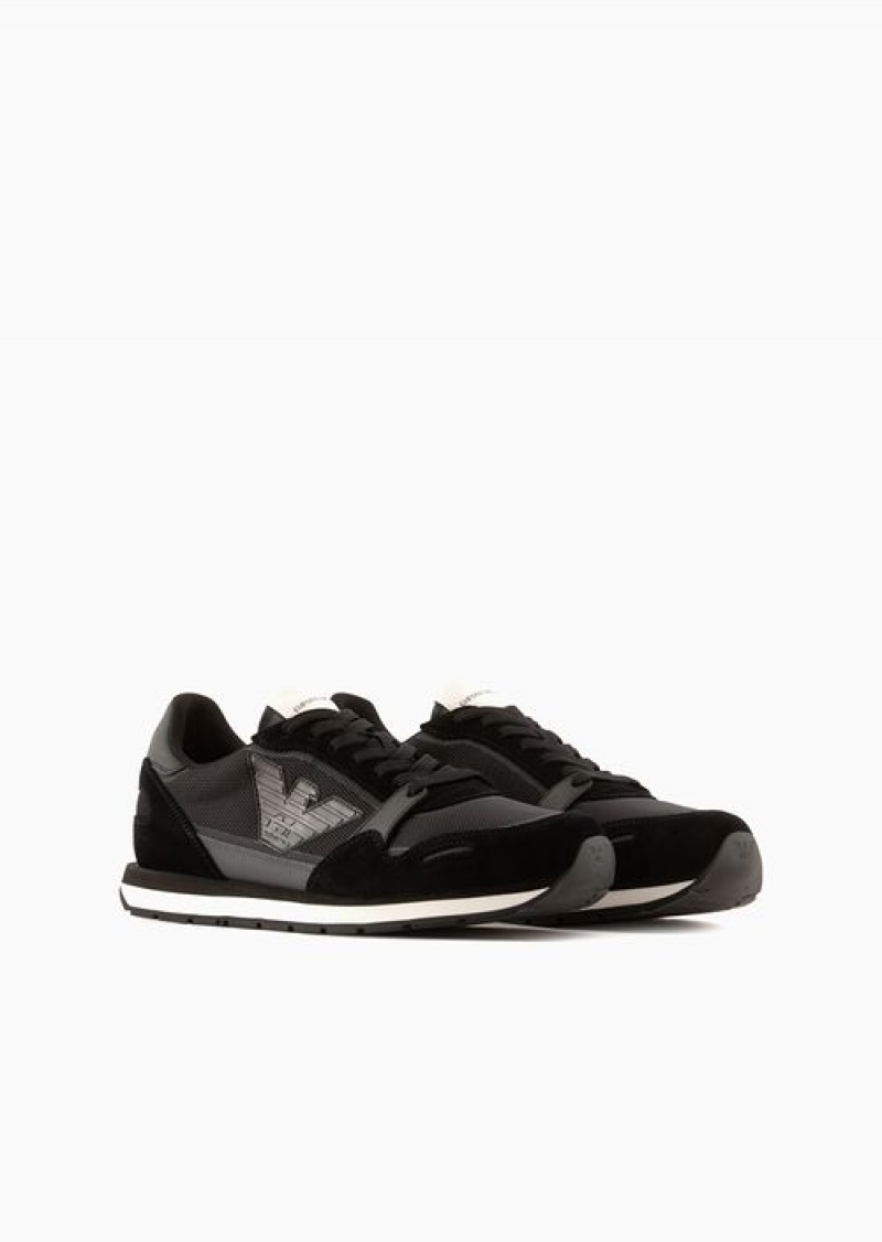 Black Emporio Armani Mesh Sneakers With Suede Details And Eagle Patch | EA-SN58995