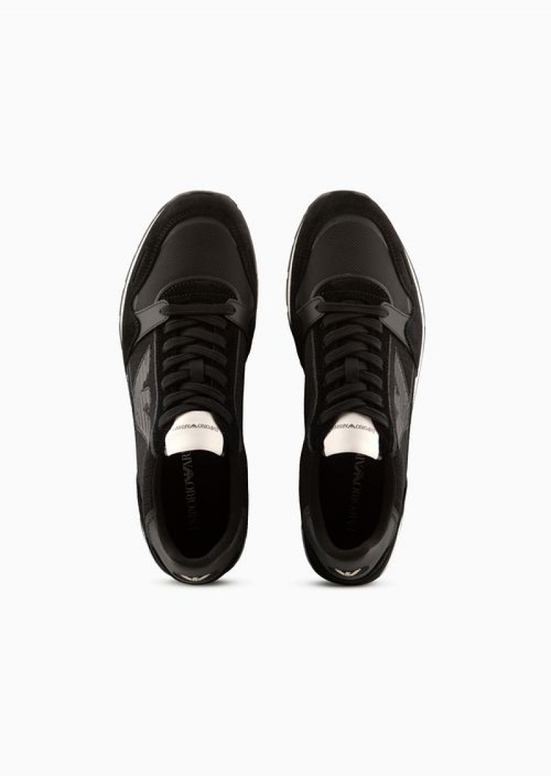 Black Emporio Armani Mesh Sneakers With Suede Details And Eagle Patch | EA-SN58995