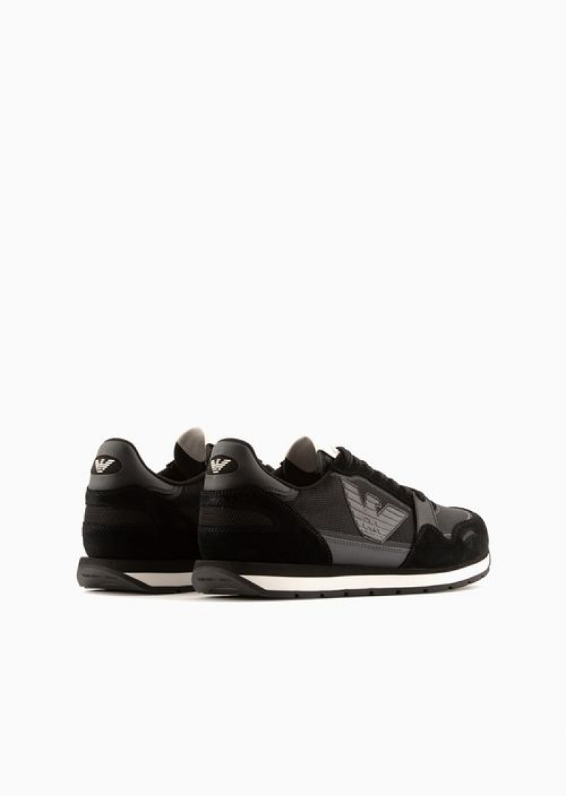 Black Emporio Armani Mesh Sneakers With Suede Details And Eagle Patch | EA-SN58995