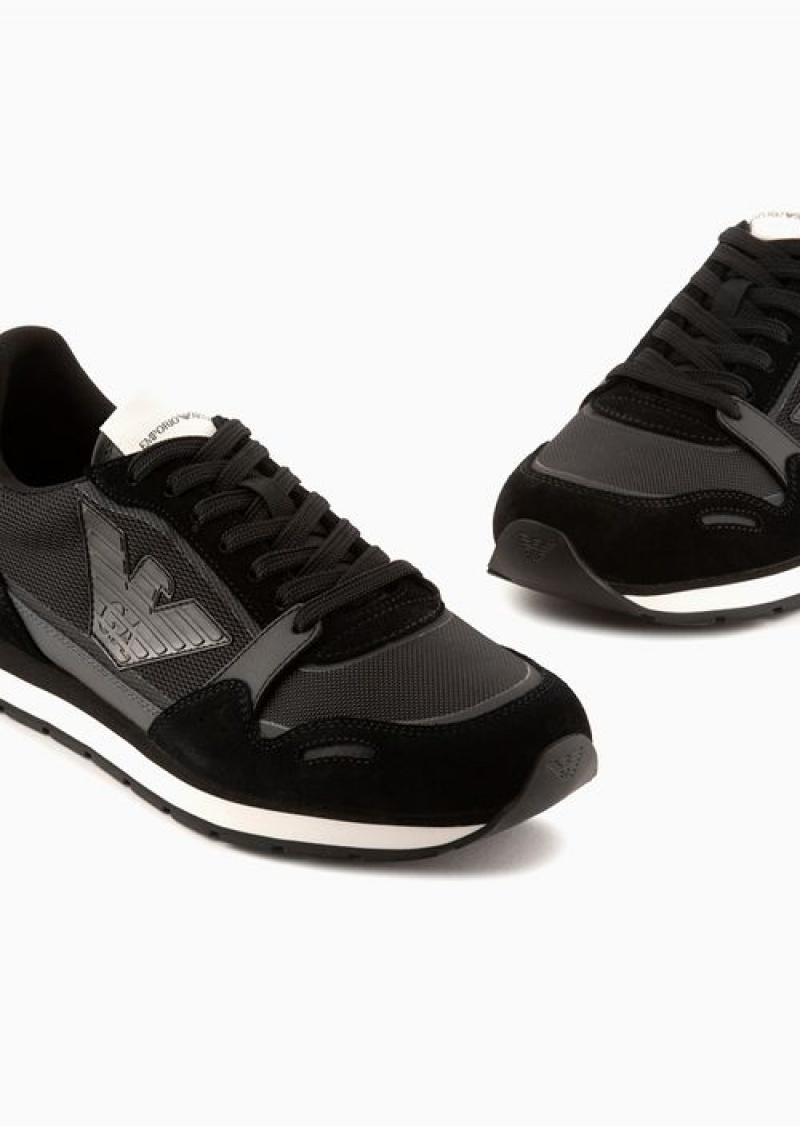 Black Emporio Armani Mesh Sneakers With Suede Details And Eagle Patch | EA-SN58995