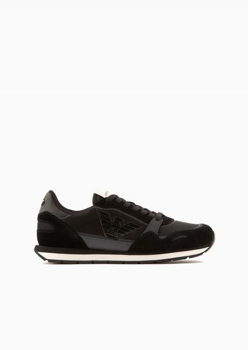 Black Emporio Armani Mesh Sneakers With Suede Details And Eagle Patch | EA-SN58995