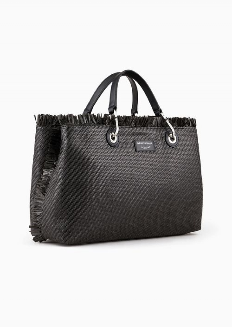 Black Emporio Armani Myea Bag Woven Straw Shopper Bag | EA-SN57235