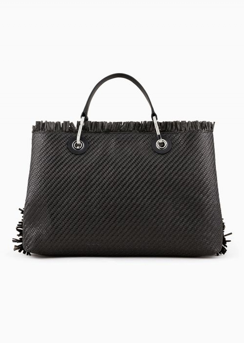 Black Emporio Armani Myea Bag Woven Straw Shopper Bag | EA-SN57235