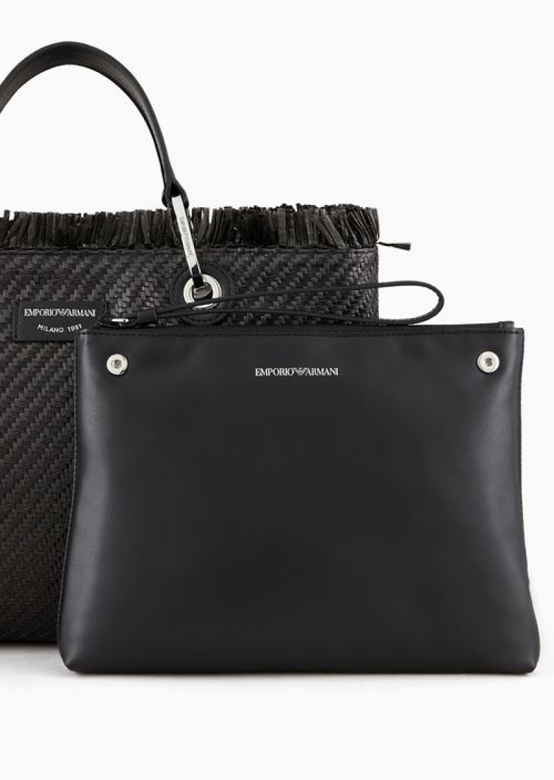 Black Emporio Armani Myea Bag Woven Straw Shopper Bag | EA-SN57235