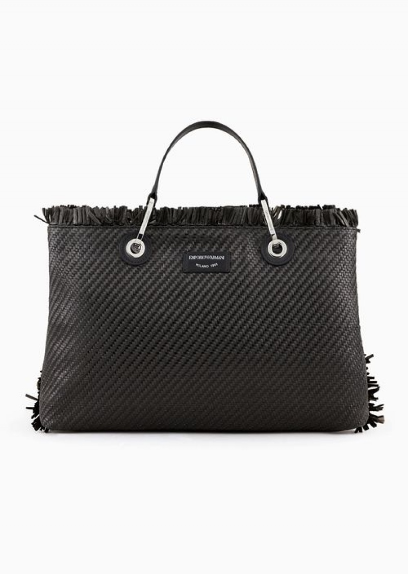 Black Emporio Armani Myea Bag Woven Straw Shopper Bag | EA-SN57235