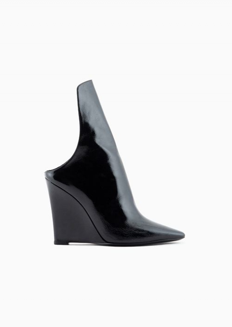 Black Emporio Armani Naplack Leather Wedge Mules | EA-SN57099