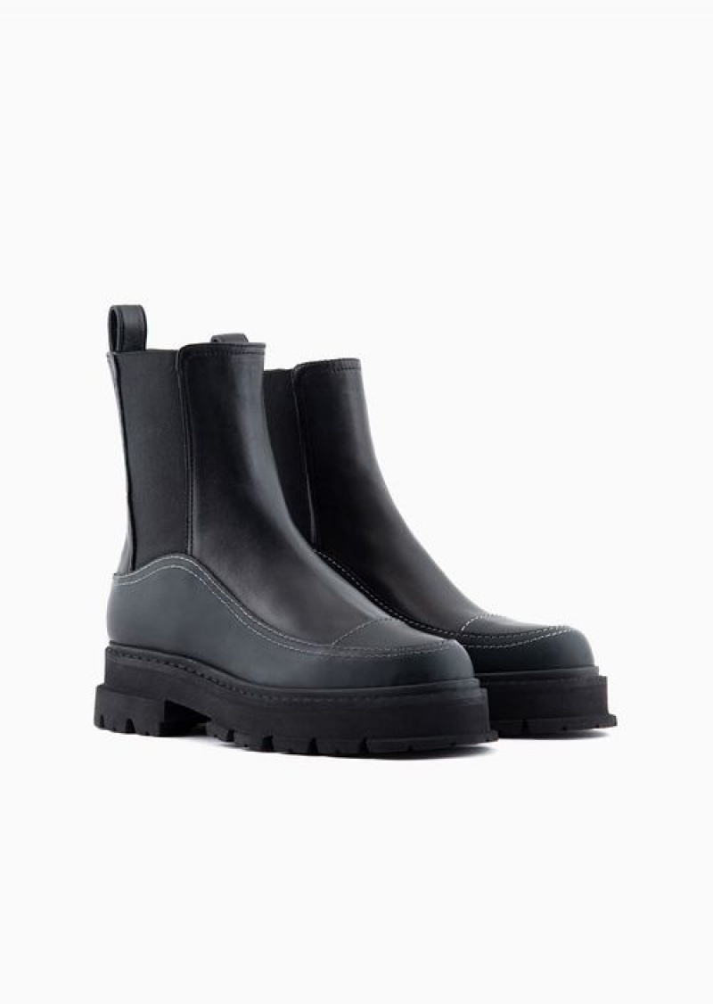 Black Emporio Armani Nappa Leather Chelsea Boots With Rubberised Details And Chunky Sole | EA-SN57112