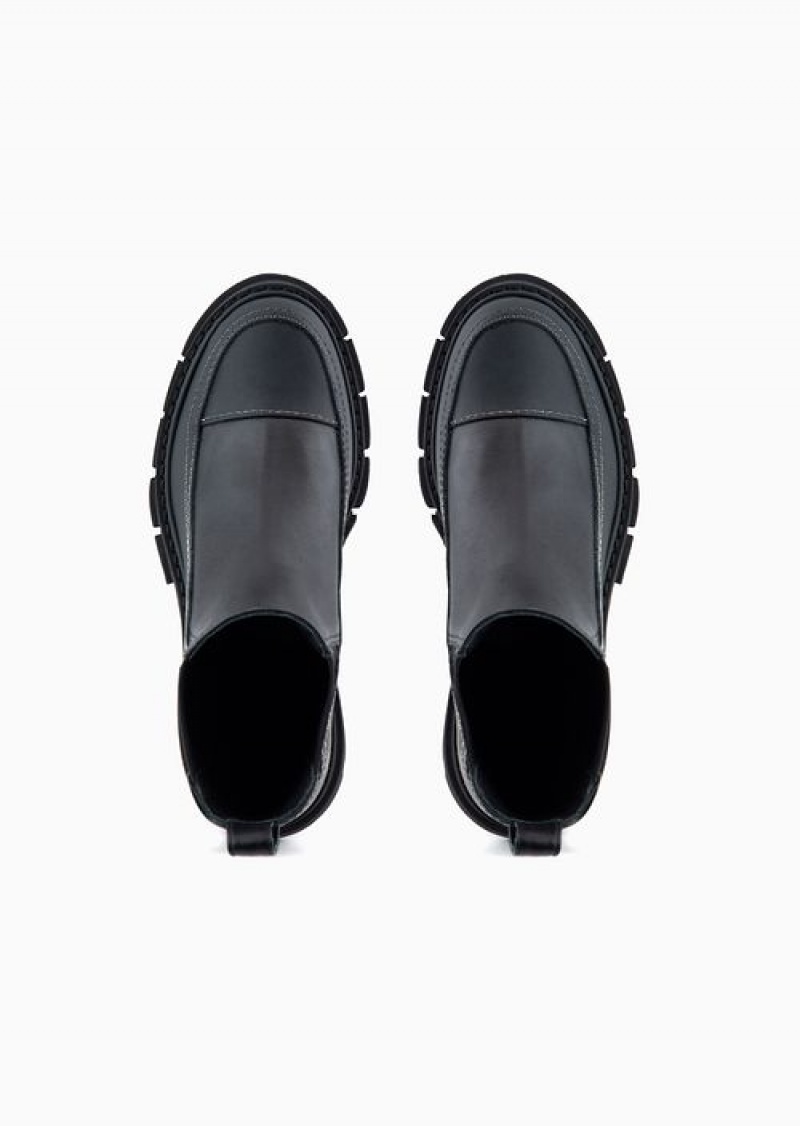 Black Emporio Armani Nappa Leather Chelsea Boots With Rubberised Details And Chunky Sole | EA-SN57112