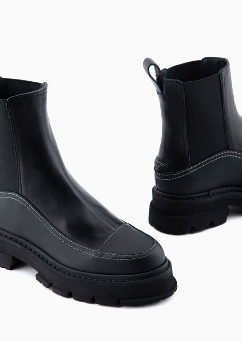 Black Emporio Armani Nappa Leather Chelsea Boots With Rubberised Details And Chunky Sole | EA-SN57112