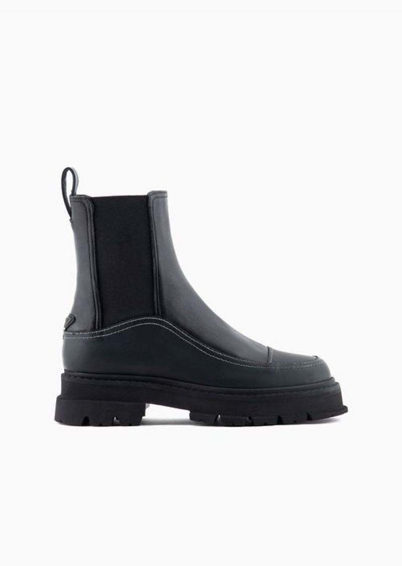 Black Emporio Armani Nappa Leather Chelsea Boots With Rubberised Details And Chunky Sole | EA-SN57112