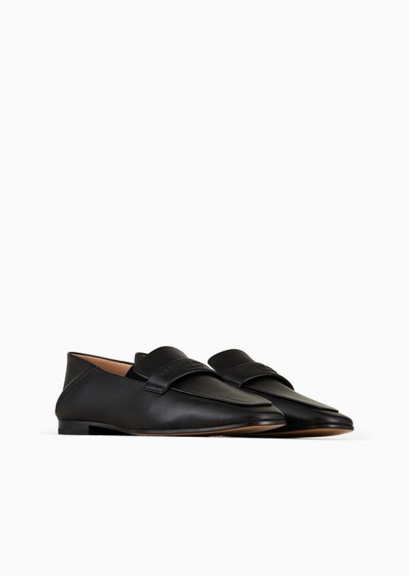 Black Emporio Armani Nappa Leather Loafers With Embossed Logo | EA-SN57125