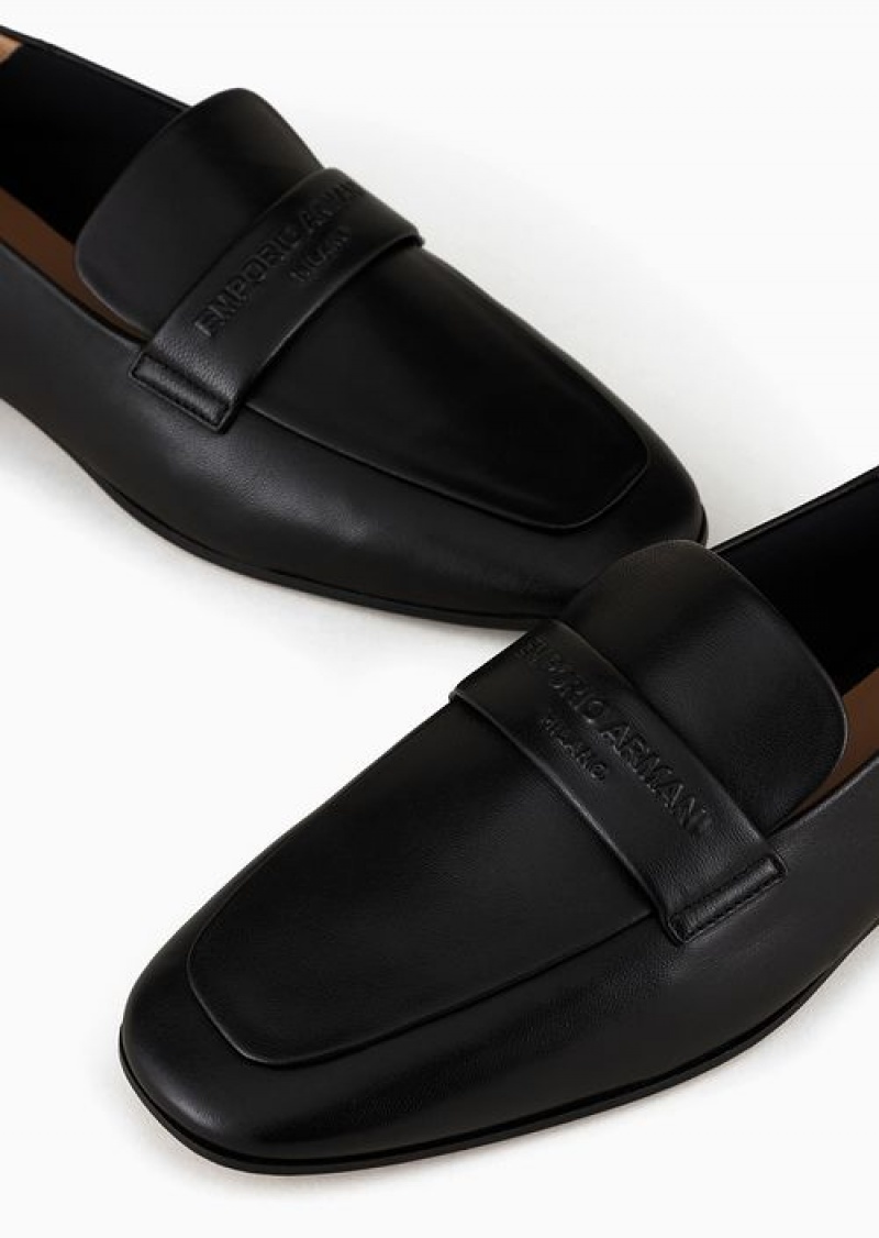 Black Emporio Armani Nappa Leather Loafers With Embossed Logo | EA-SN57125