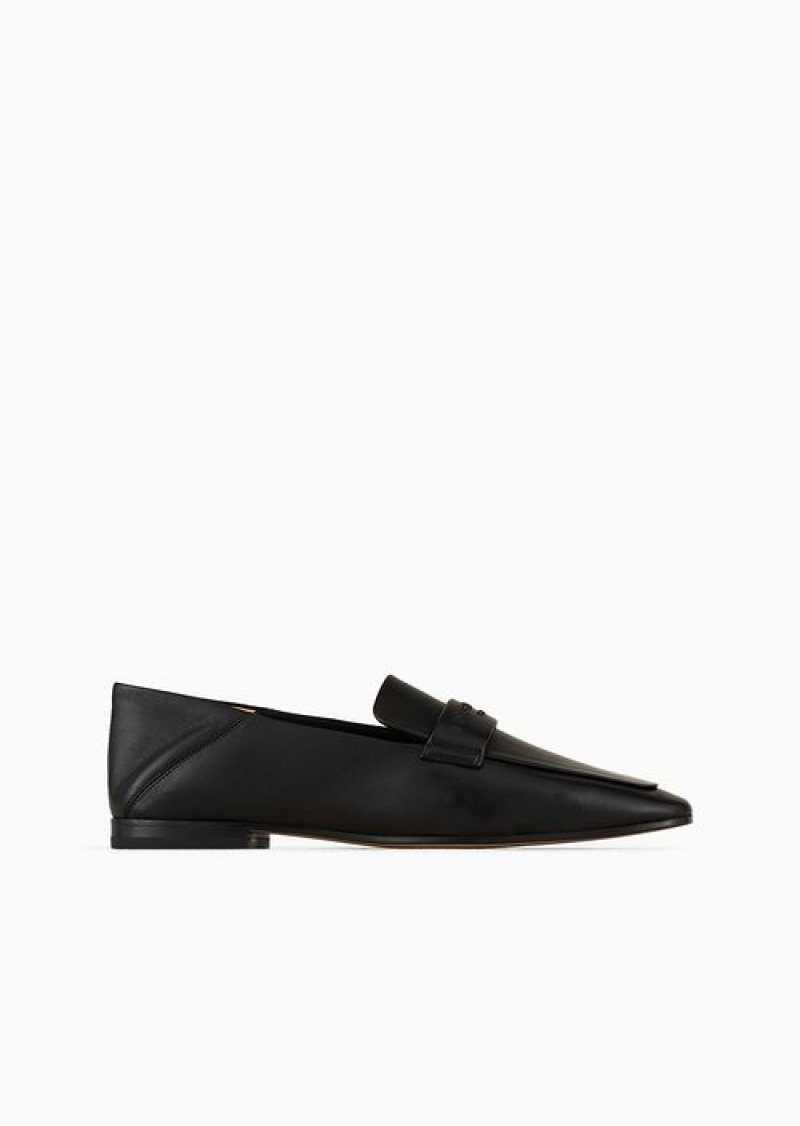 Black Emporio Armani Nappa Leather Loafers With Embossed Logo | EA-SN57125