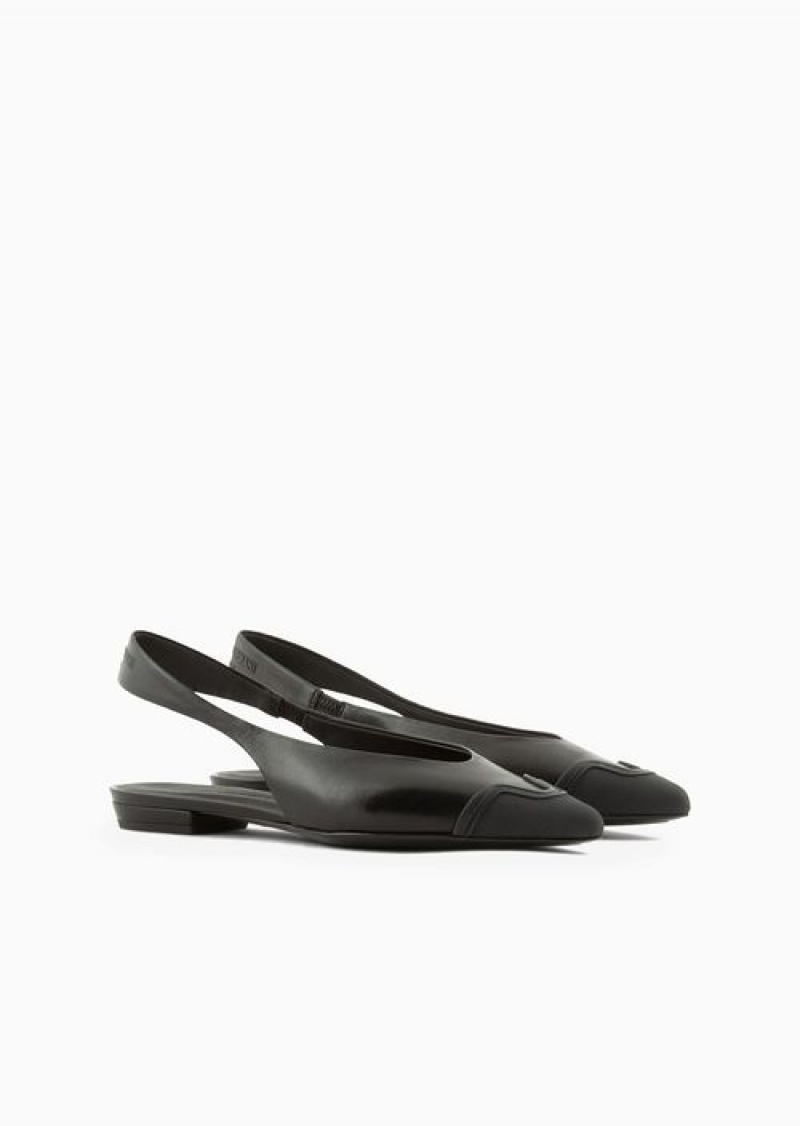 Black Emporio Armani Nappa Leather Slingback Ballerinas With Rubber Toe | EA-SN57136