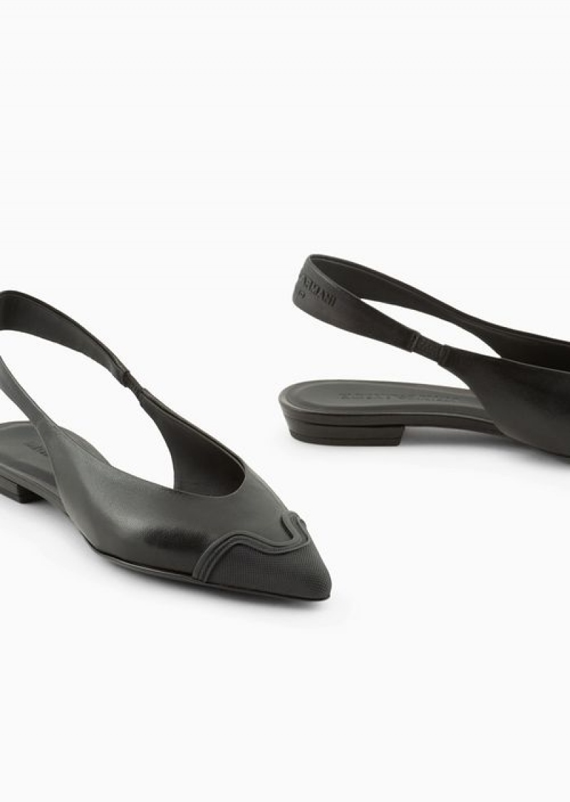 Black Emporio Armani Nappa Leather Slingback Ballerinas With Rubber Toe | EA-SN57136