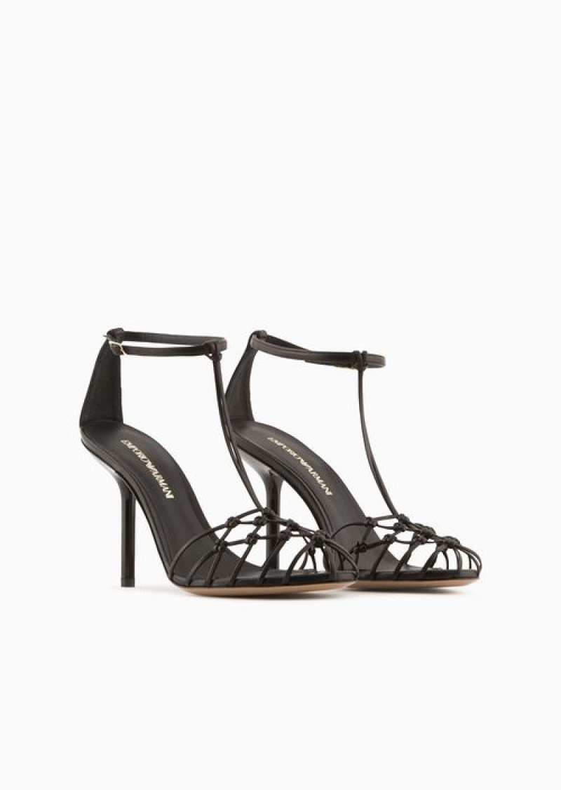 Black Emporio Armani Nappa-leather T-sandals With Mesh-weave Heels | EA-SN57155