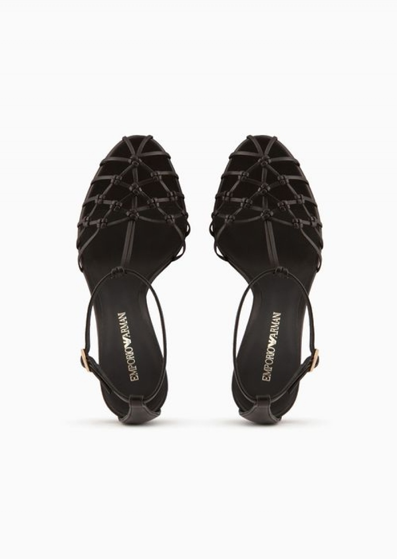 Black Emporio Armani Nappa-leather T-sandals With Mesh-weave Heels | EA-SN57155