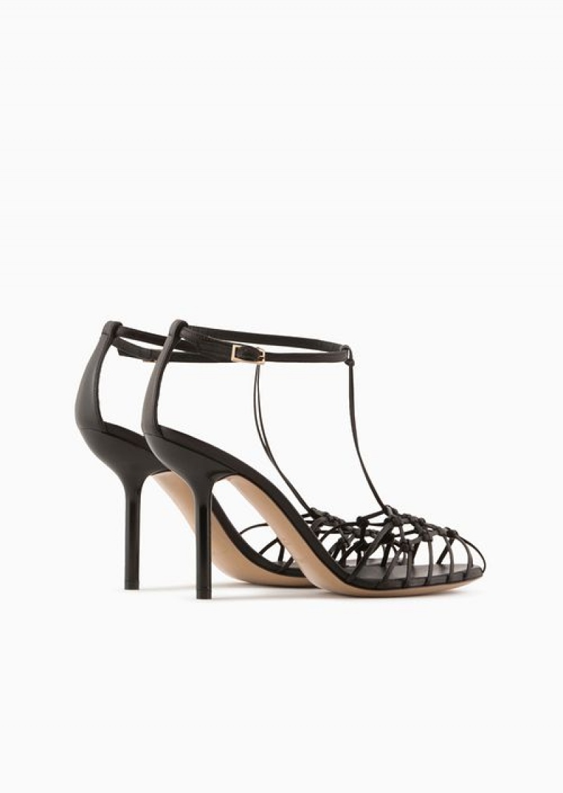 Black Emporio Armani Nappa-leather T-sandals With Mesh-weave Heels | EA-SN57155