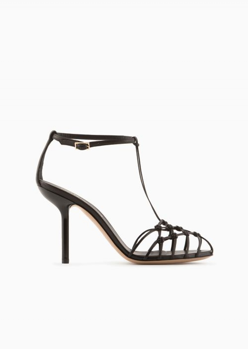 Black Emporio Armani Nappa-leather T-sandals With Mesh-weave Heels | EA-SN57155