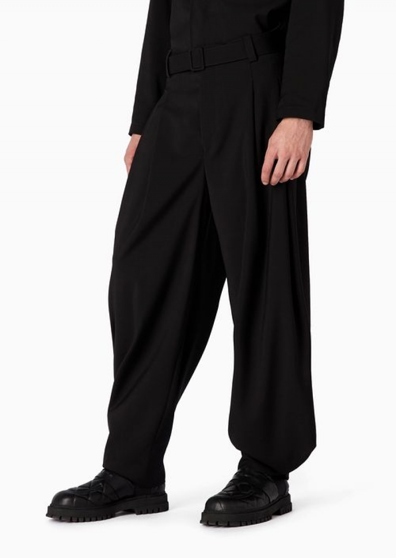 Black Emporio Armani Natural Stretch Wool Plain-woven Trousers With Darts And Belt | EA-SN58313