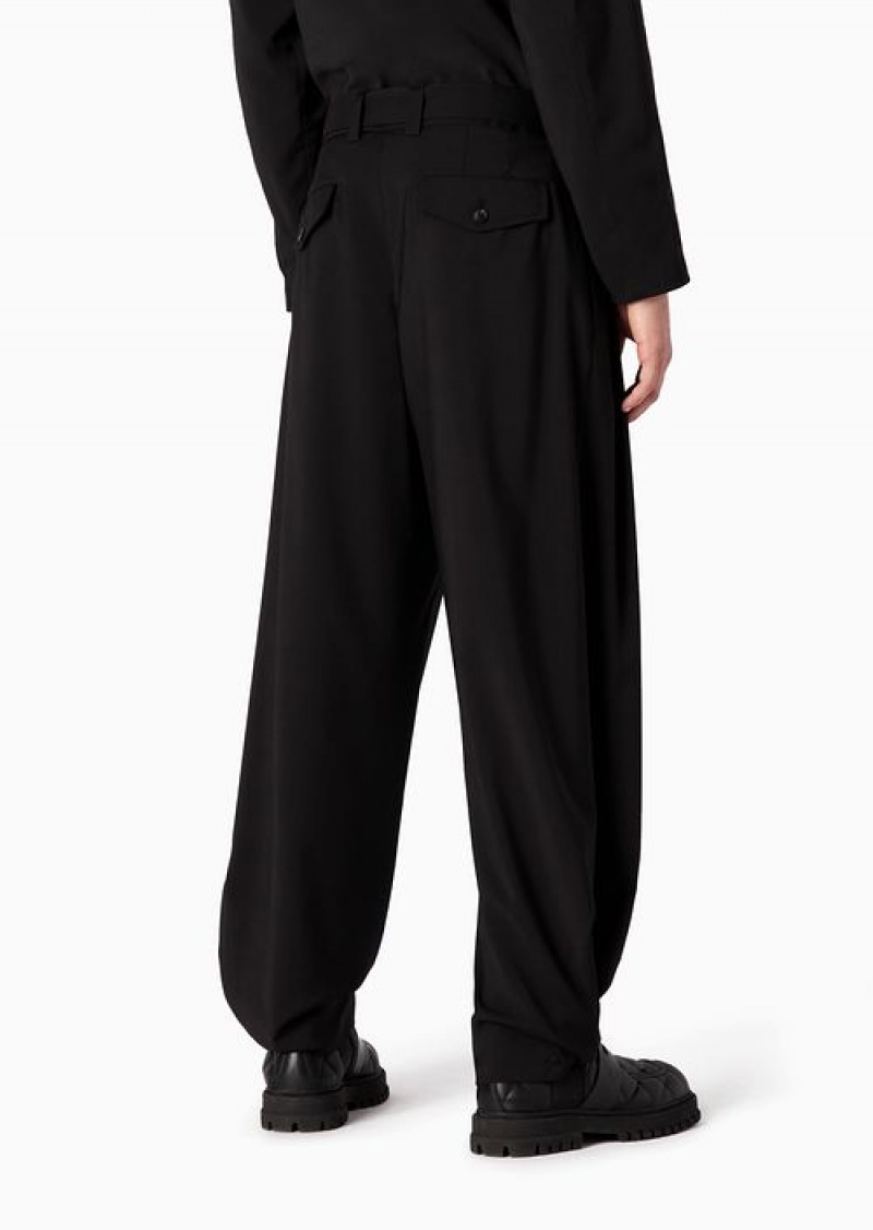 Black Emporio Armani Natural Stretch Wool Plain-woven Trousers With Darts And Belt | EA-SN58313