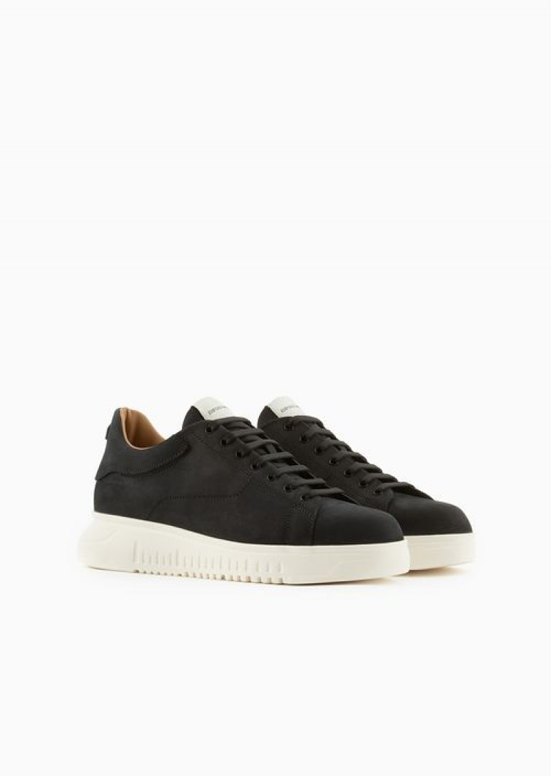 Black Emporio Armani Nubuck Sneakers With Knurled Soles | EA-SN58975