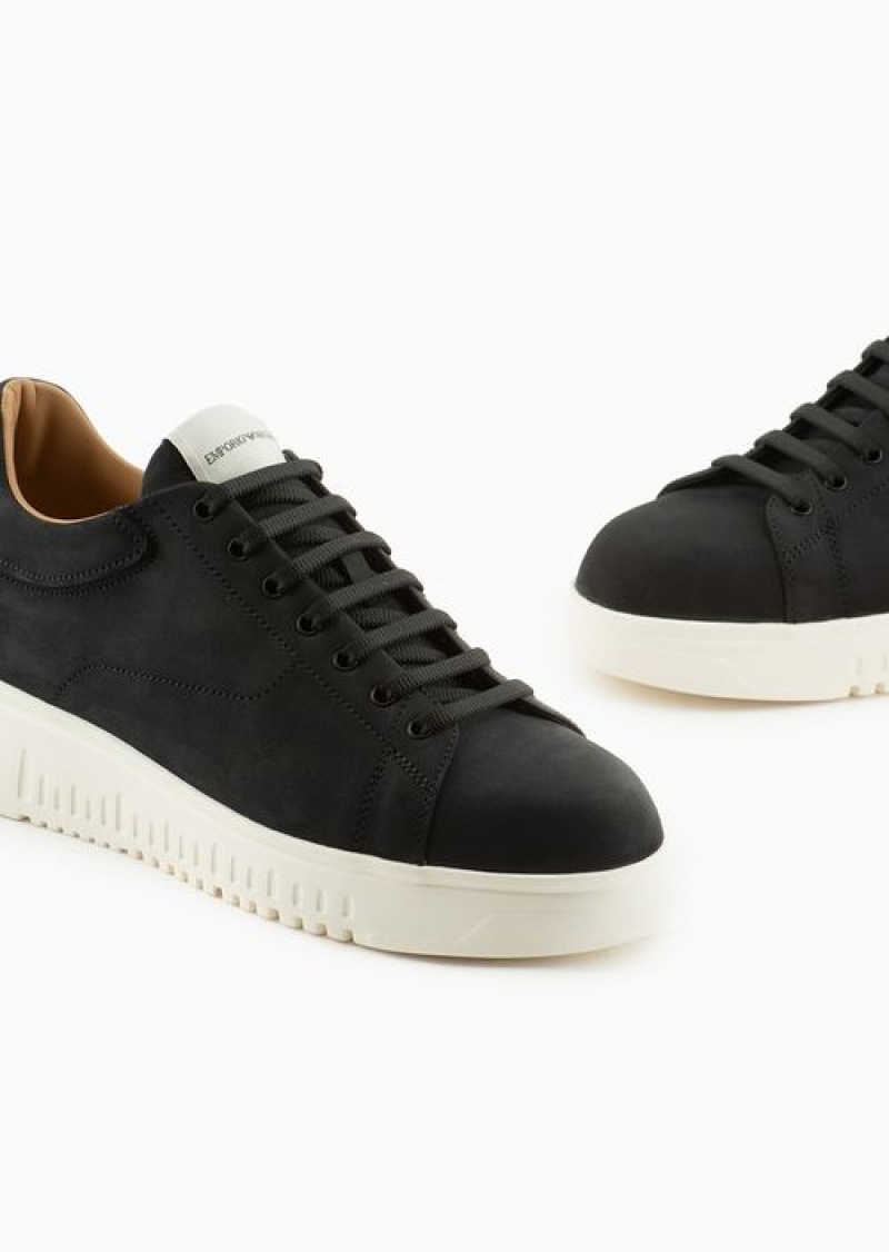 Black Emporio Armani Nubuck Sneakers With Knurled Soles | EA-SN58975