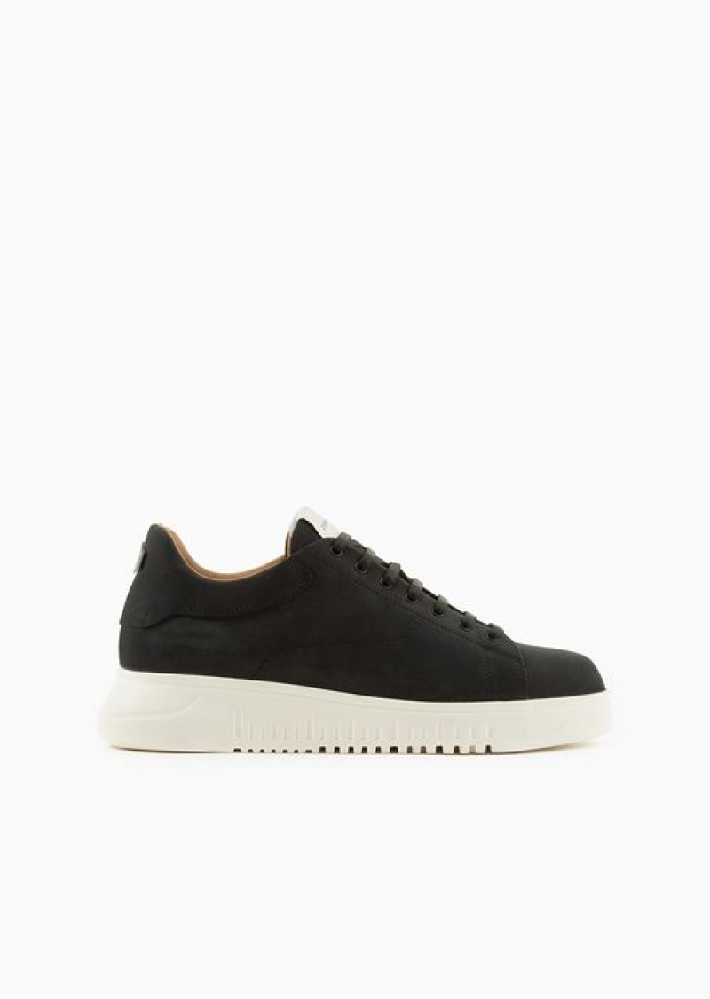 Black Emporio Armani Nubuck Sneakers With Knurled Soles | EA-SN58975