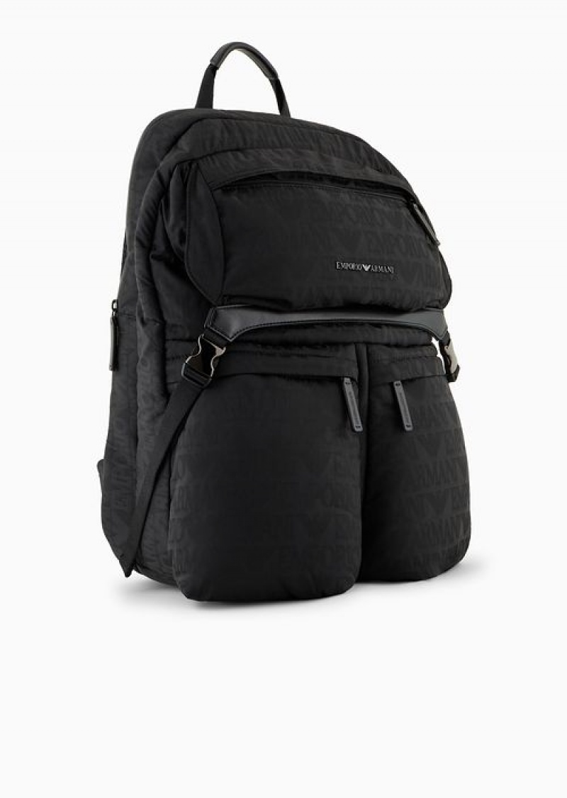 Black Emporio Armani Nylon Backpack With All-over, Jacquard Logo Lettering | EA-SN59010