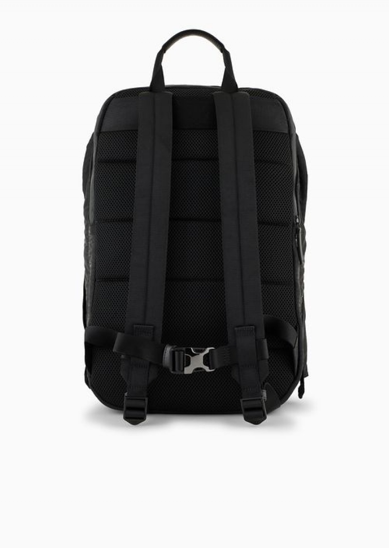 Black Emporio Armani Nylon Backpack With All-over, Jacquard Logo Lettering | EA-SN59010