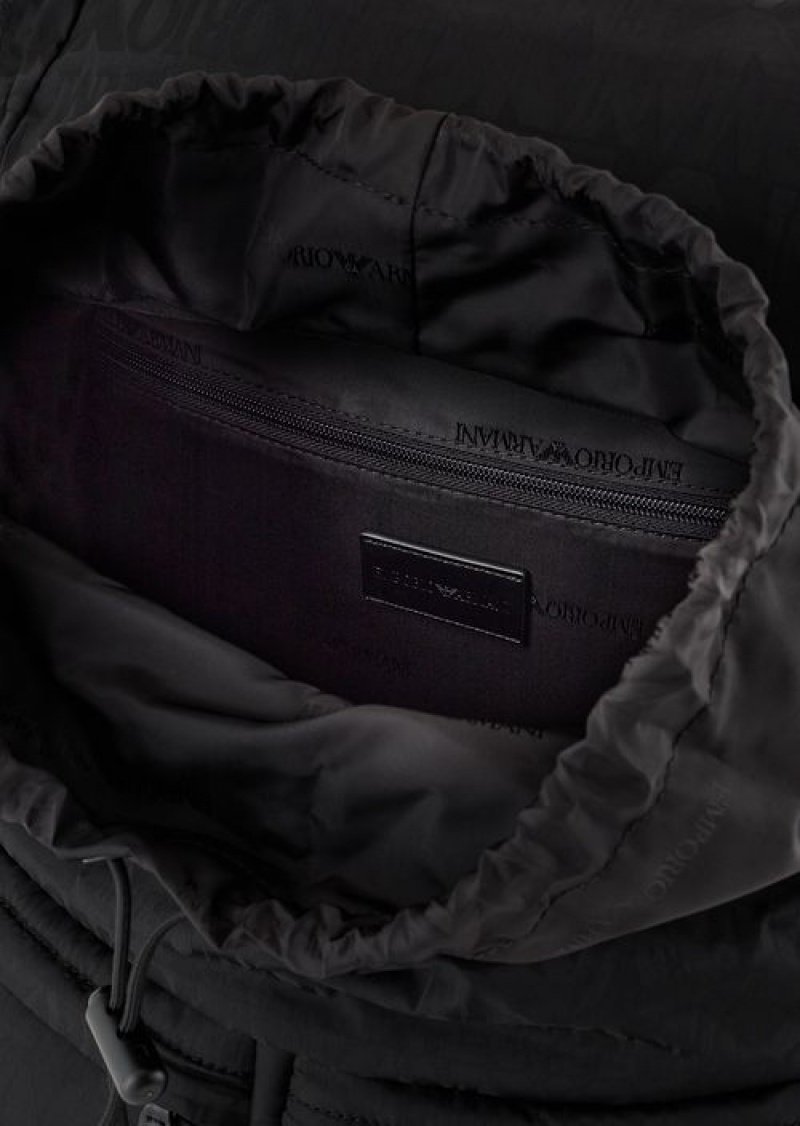 Black Emporio Armani Nylon Backpack With All-over, Jacquard Logo Lettering | EA-SN59010