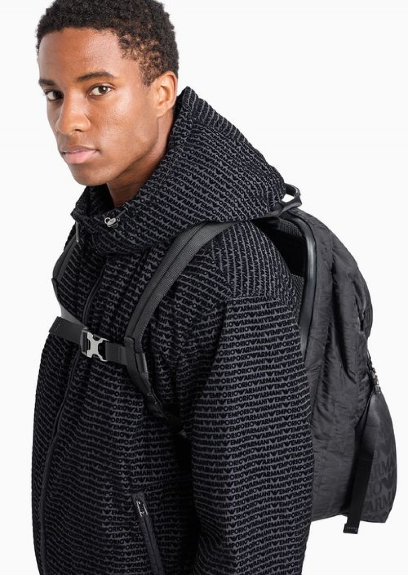 Black Emporio Armani Nylon Backpack With All-over, Jacquard Logo Lettering | EA-SN59010