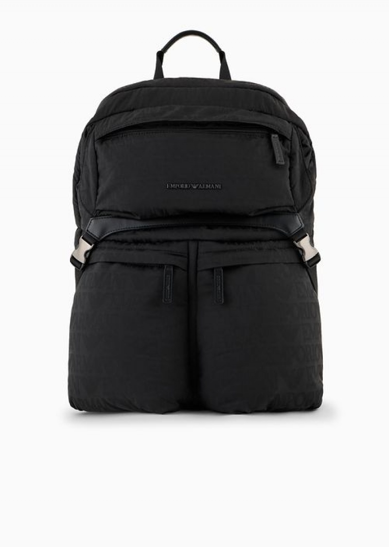 Black Emporio Armani Nylon Backpack With All-over, Jacquard Logo Lettering | EA-SN59010