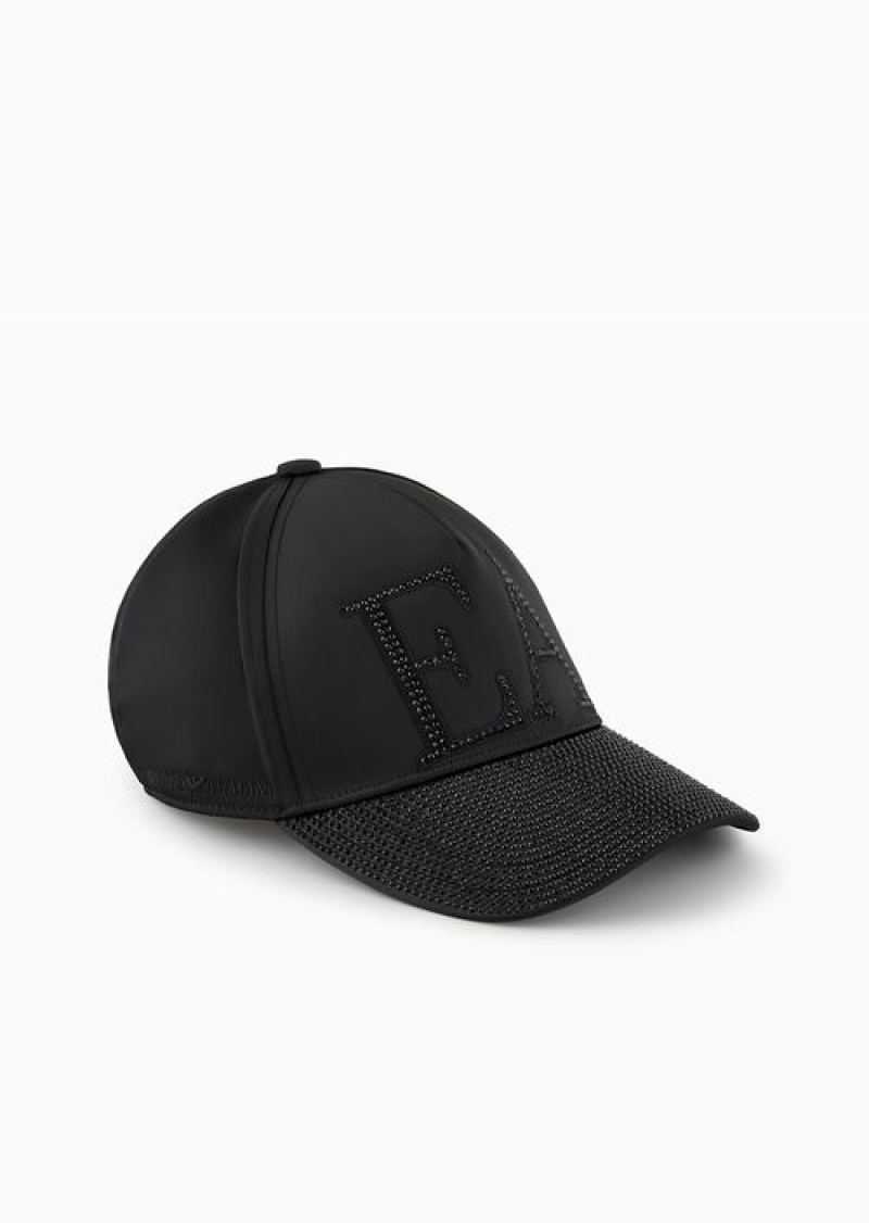 Black Emporio Armani Nylon Baseball Cap With Rhinestone Logo | EA-SN57469