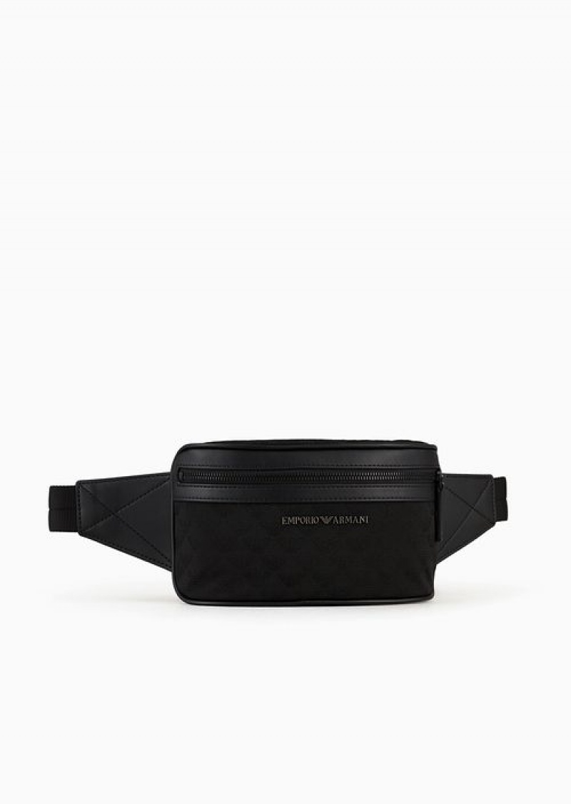 Black Emporio Armani Nylon Belt Bag With All-over Jacquard Eagle | EA-SN59044