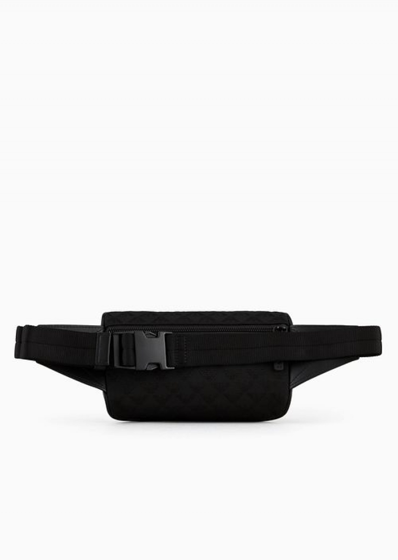 Black Emporio Armani Nylon Belt Bag With All-over Jacquard Eagle | EA-SN59044