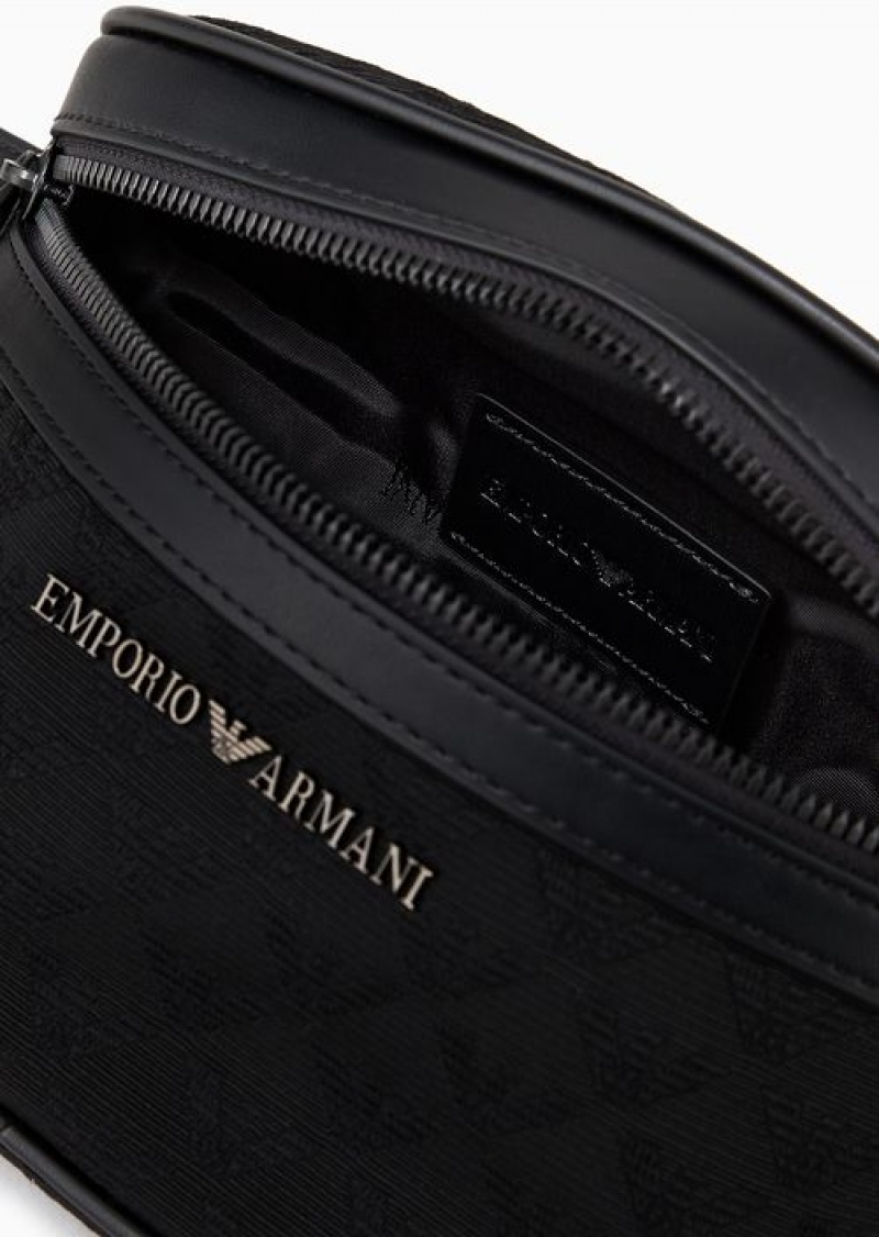 Black Emporio Armani Nylon Belt Bag With All-over Jacquard Eagle | EA-SN59044