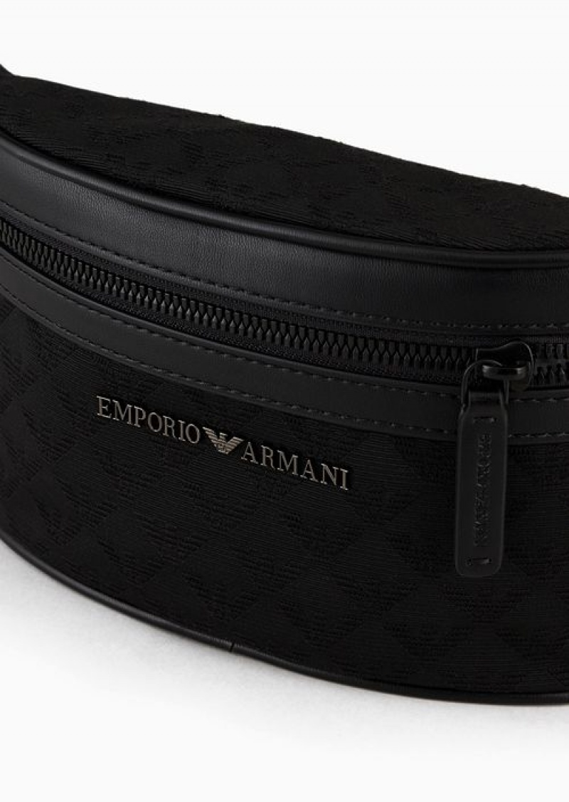 Black Emporio Armani Nylon Belt Bag With All-over Jacquard Eagle | EA-SN59044