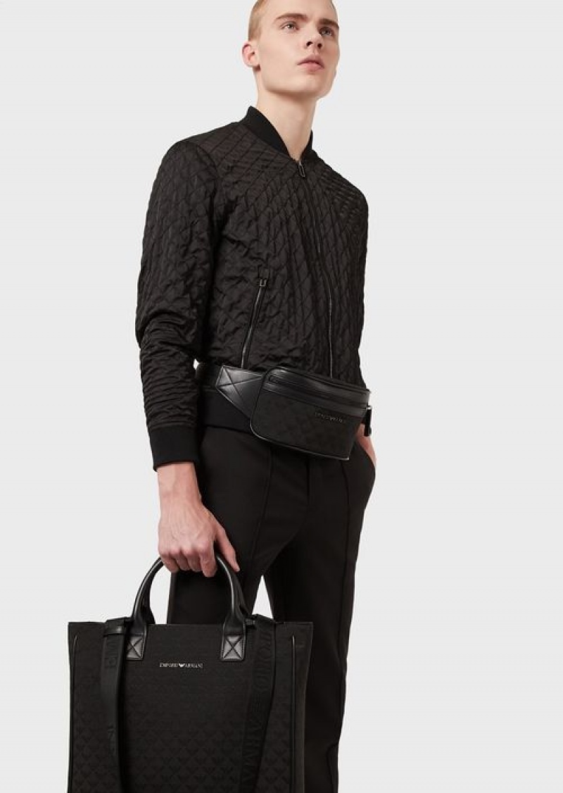 Black Emporio Armani Nylon Belt Bag With All-over Jacquard Eagle | EA-SN59044