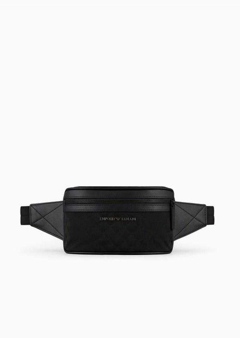 Black Emporio Armani Nylon Belt Bag With All-over Jacquard Eagle | EA-SN59044