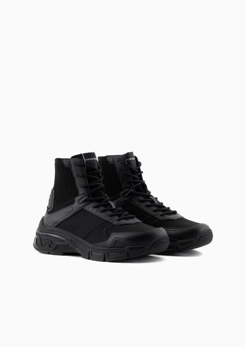 Black Emporio Armani Nylon High-top Sneakers With Knit Detail | EA-SN58930